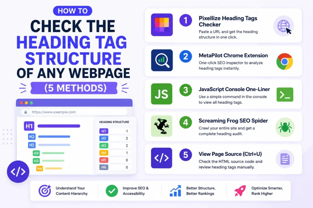 Webpage heading hierarchy tree showing H1 H2 H3 tags color-coded for SEO audit