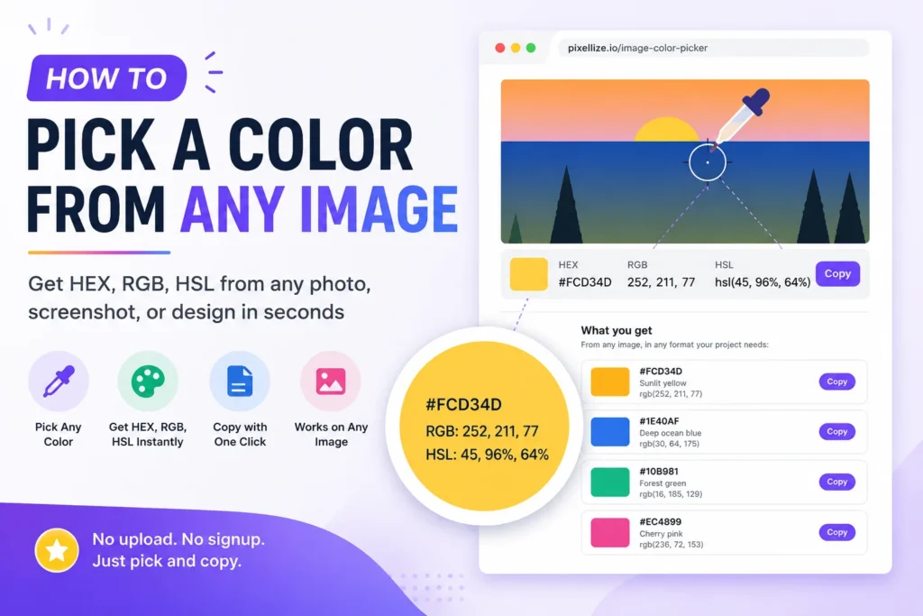 Browser-based image color picker showing eyedropper cursor and HEX RGB HSL swatch panel