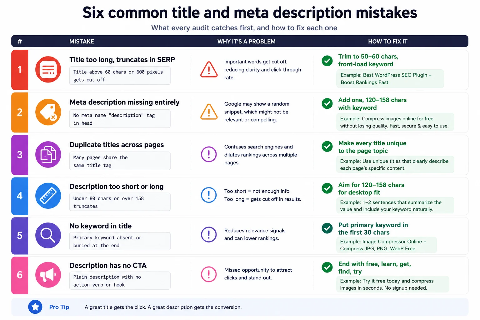 List of six title and meta description mistakes including truncation, duplicates, and missing tags with fixes