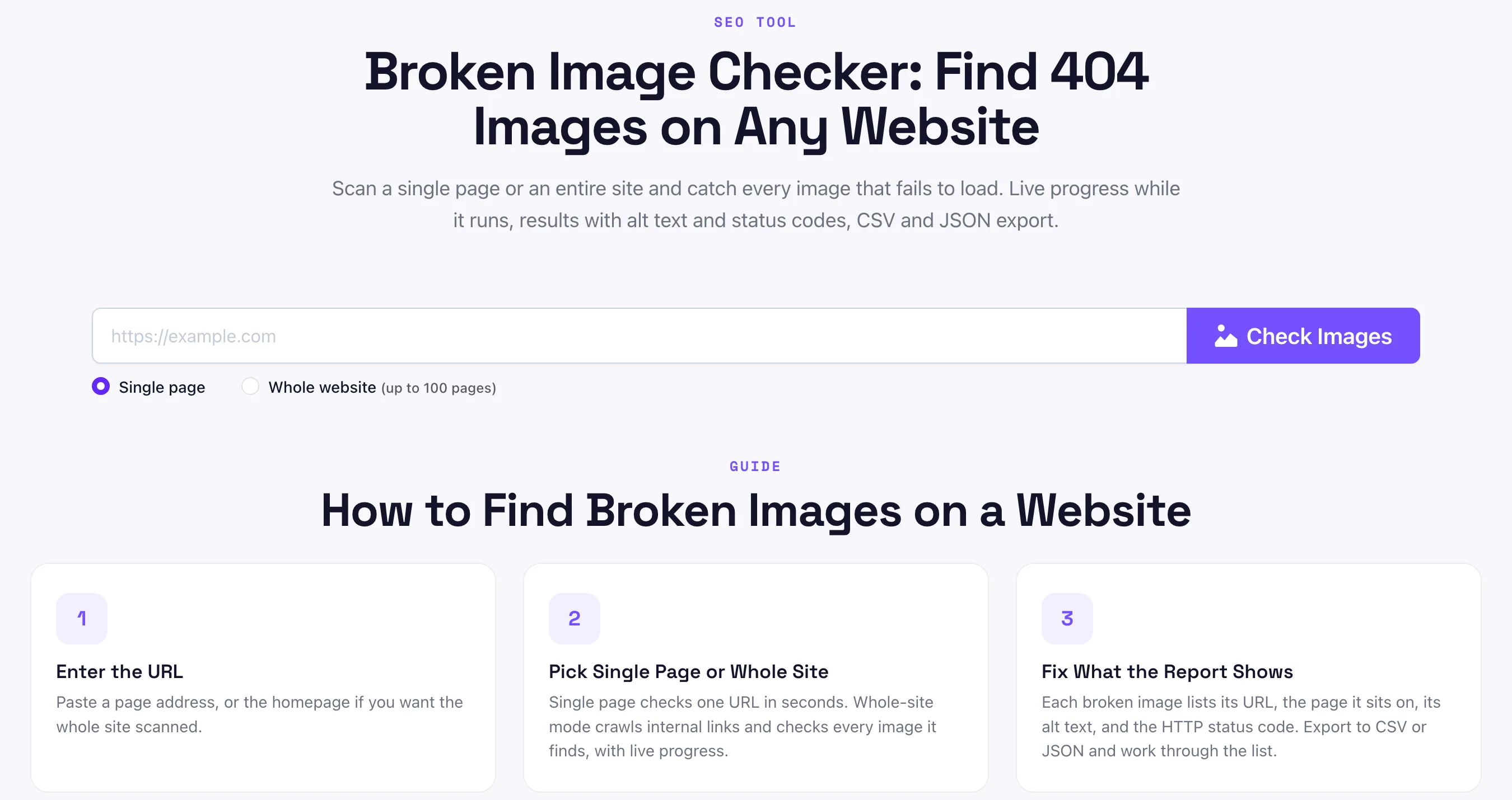 Pixellize broken image checker tool input with single page and whole site scan options