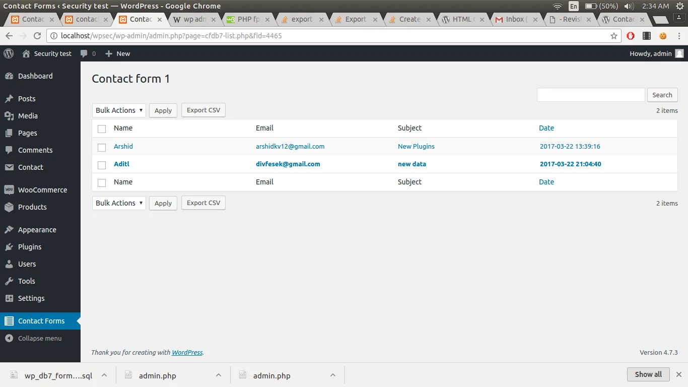 CFDB7 plugin admin screen showing Contact Form 7 entries stored in the WordPress database