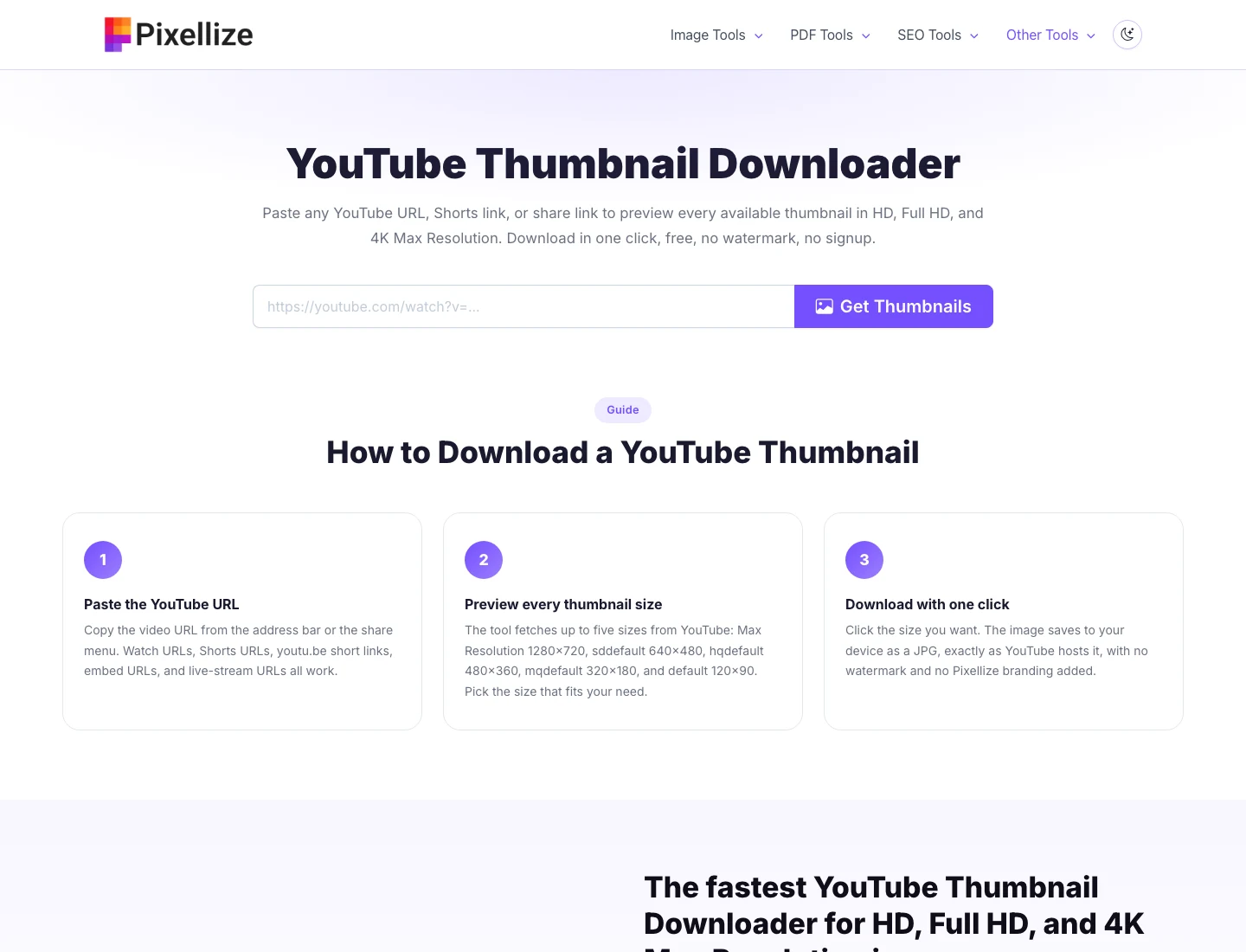 Pixellize YouTube Thumbnail Downloader tool with URL input field and three-step instructions