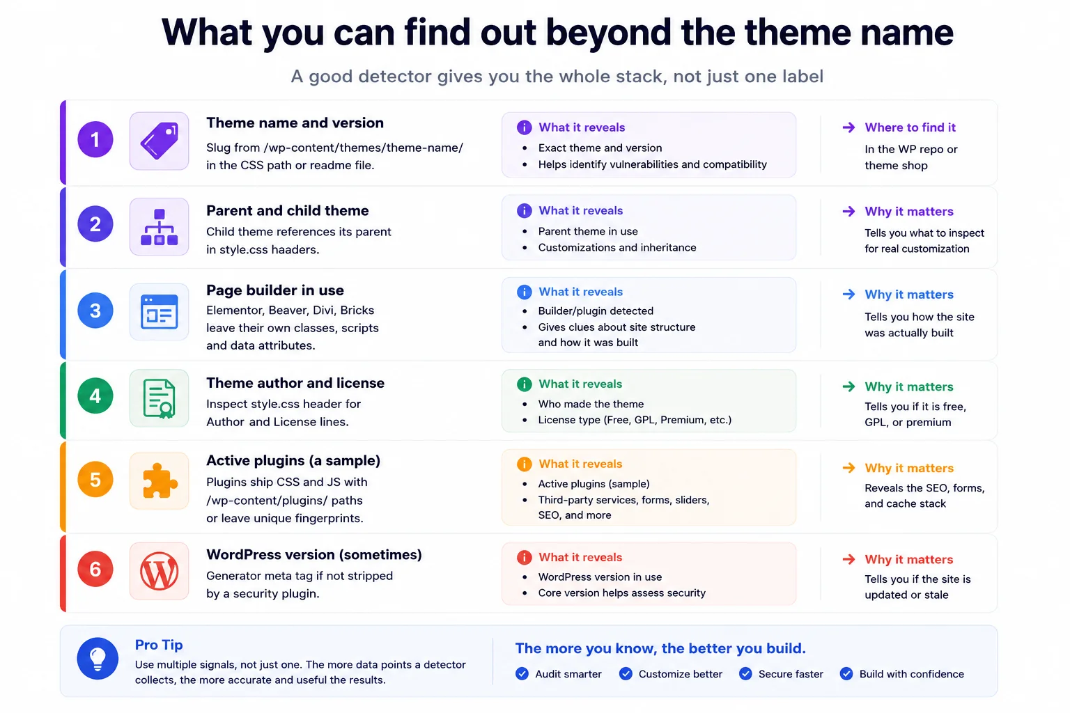 List of six things a thorough WordPress theme detector reveals beyond just the theme name
