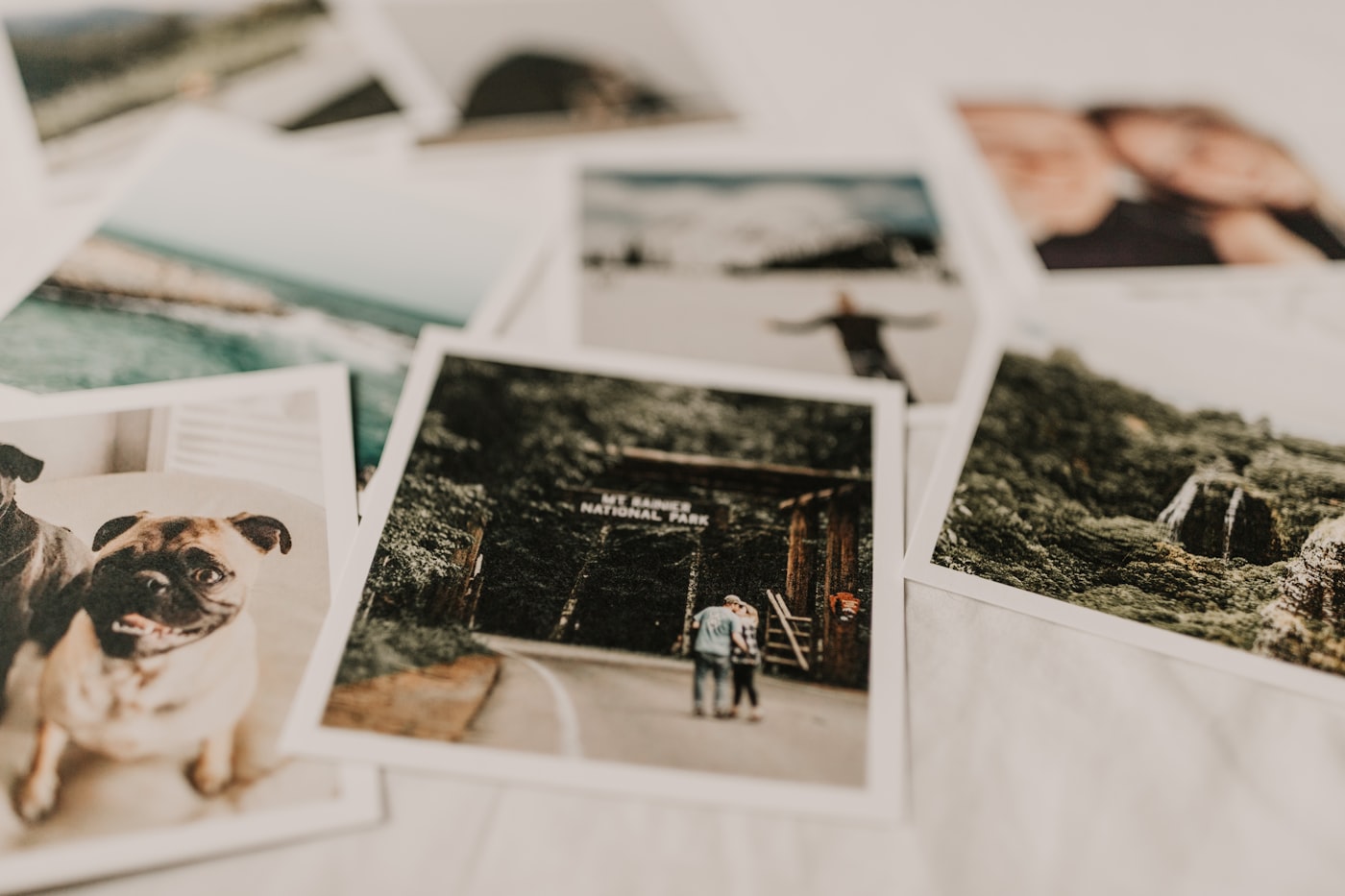 Several printed portrait photos arranged on a white surface