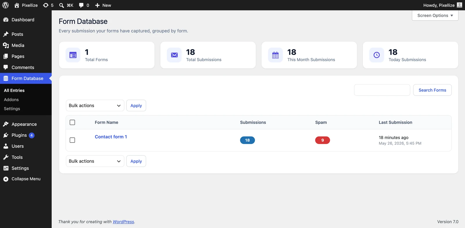 Form Database admin dashboard showing total forms, submissions, and per-form list table