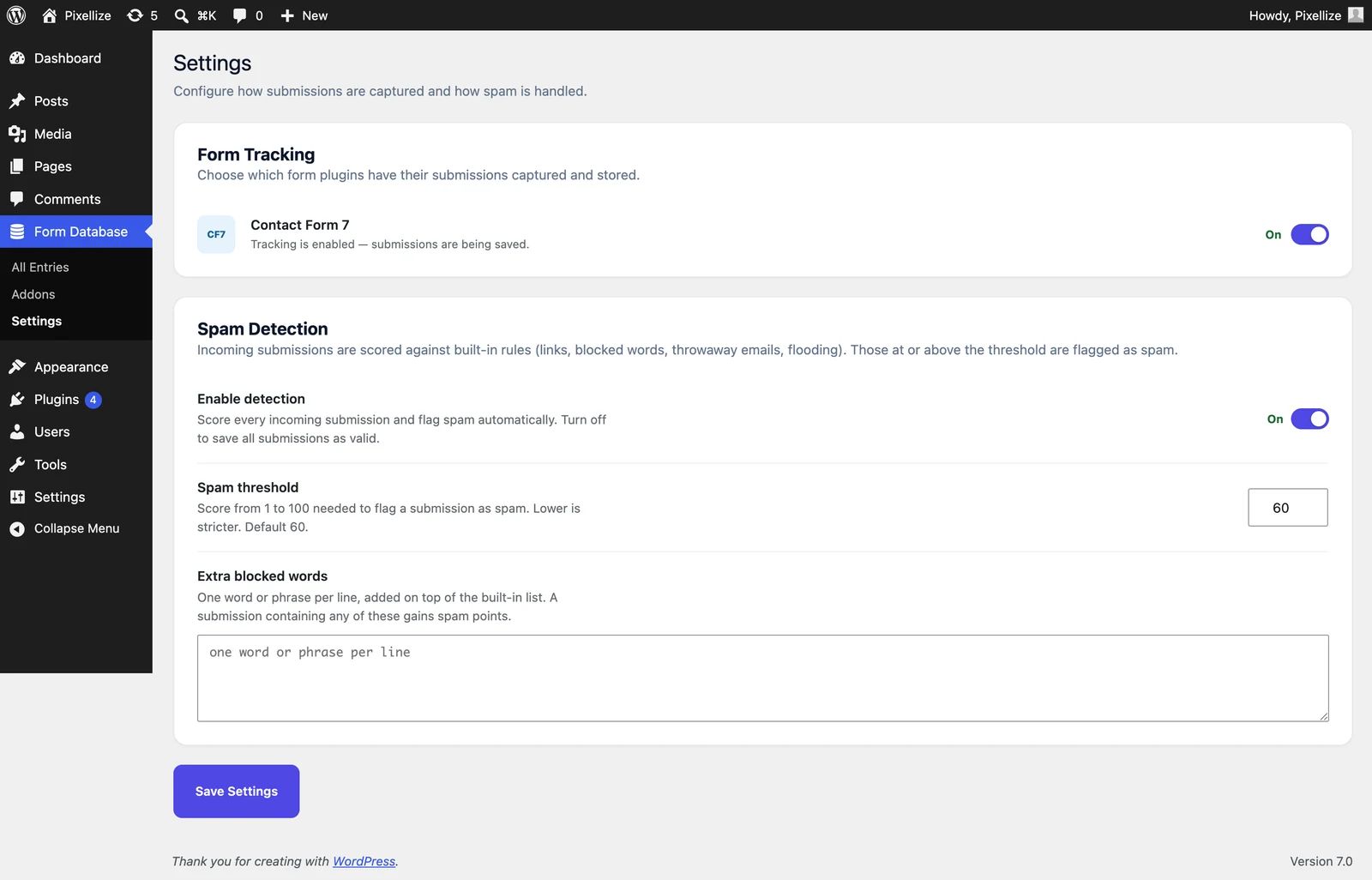 Settings screen showing Contact Form 7 tracking toggle and spam detection configuration