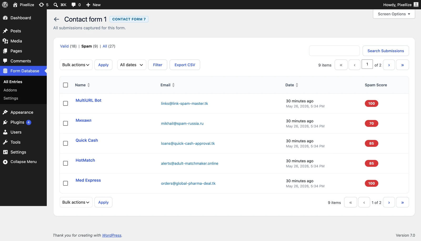 Spam submissions table with Valid, Spam, and All filter tabs and spam score per entry