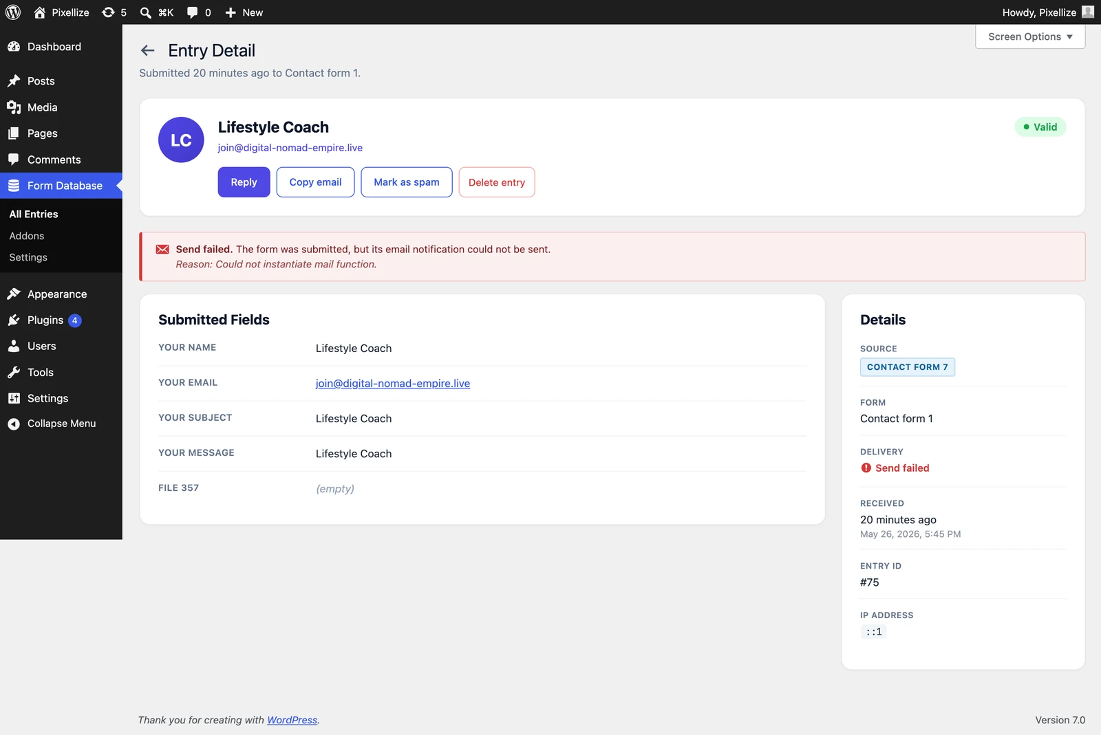 Entry detail screen showing submitted fields, delivery failure status, and details sidebar