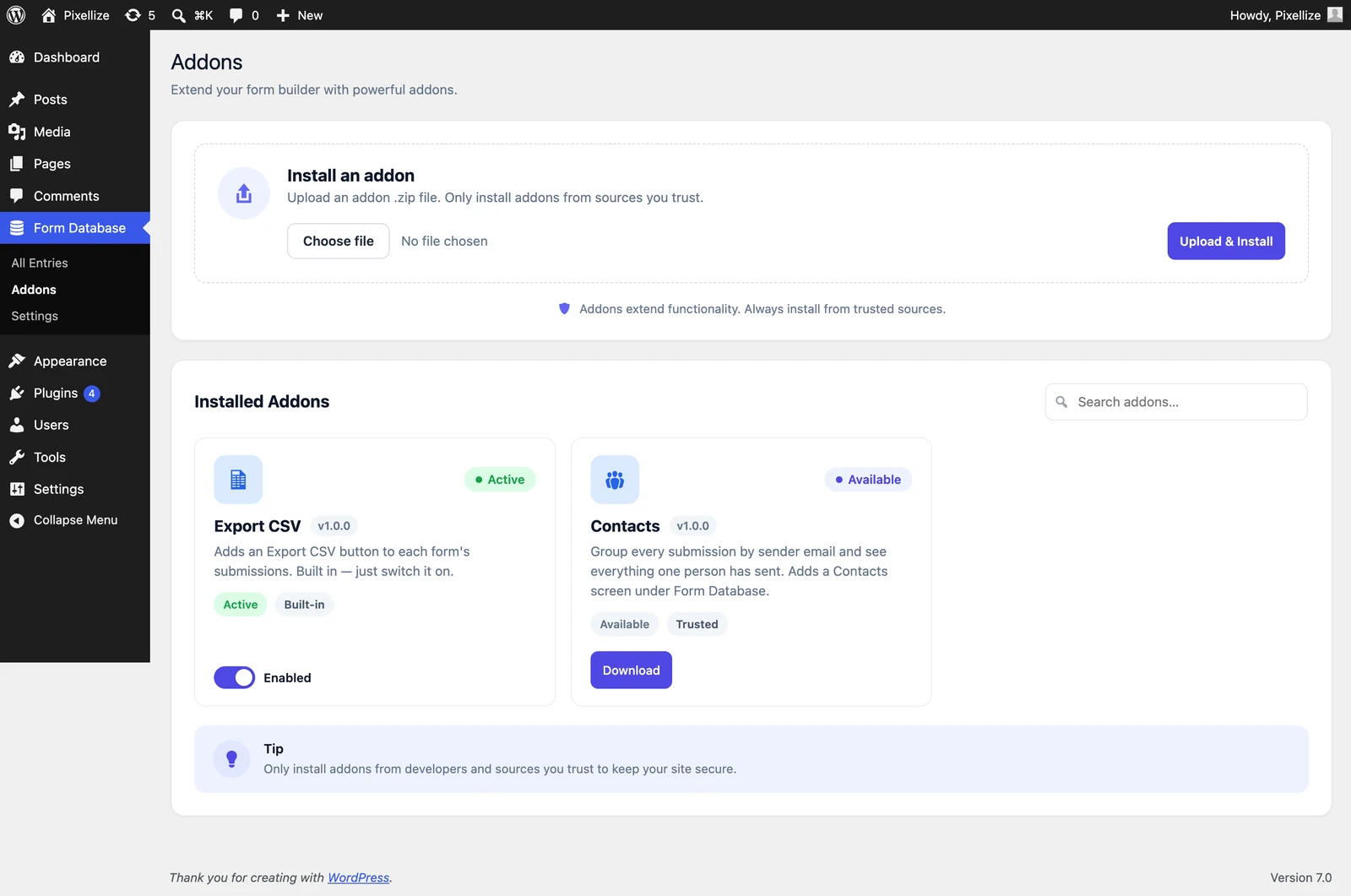 Addons screen showing zip upload, Export CSV active addon, and Contacts available addon