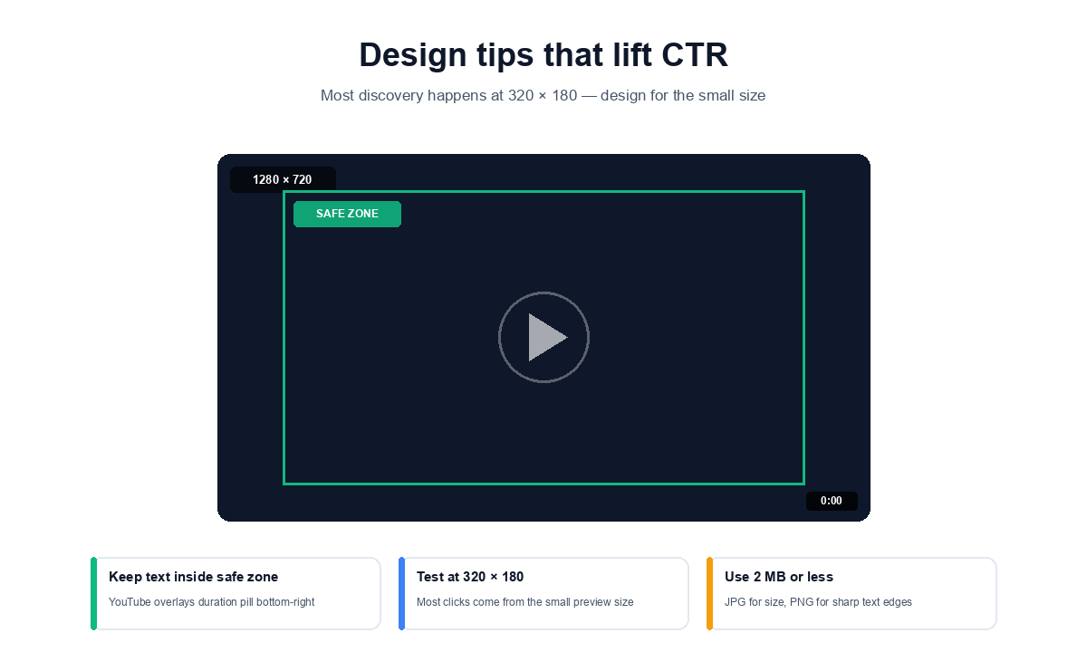YouTube thumbnail 1280x720 with safe zone overlay and three CTR design tip cards