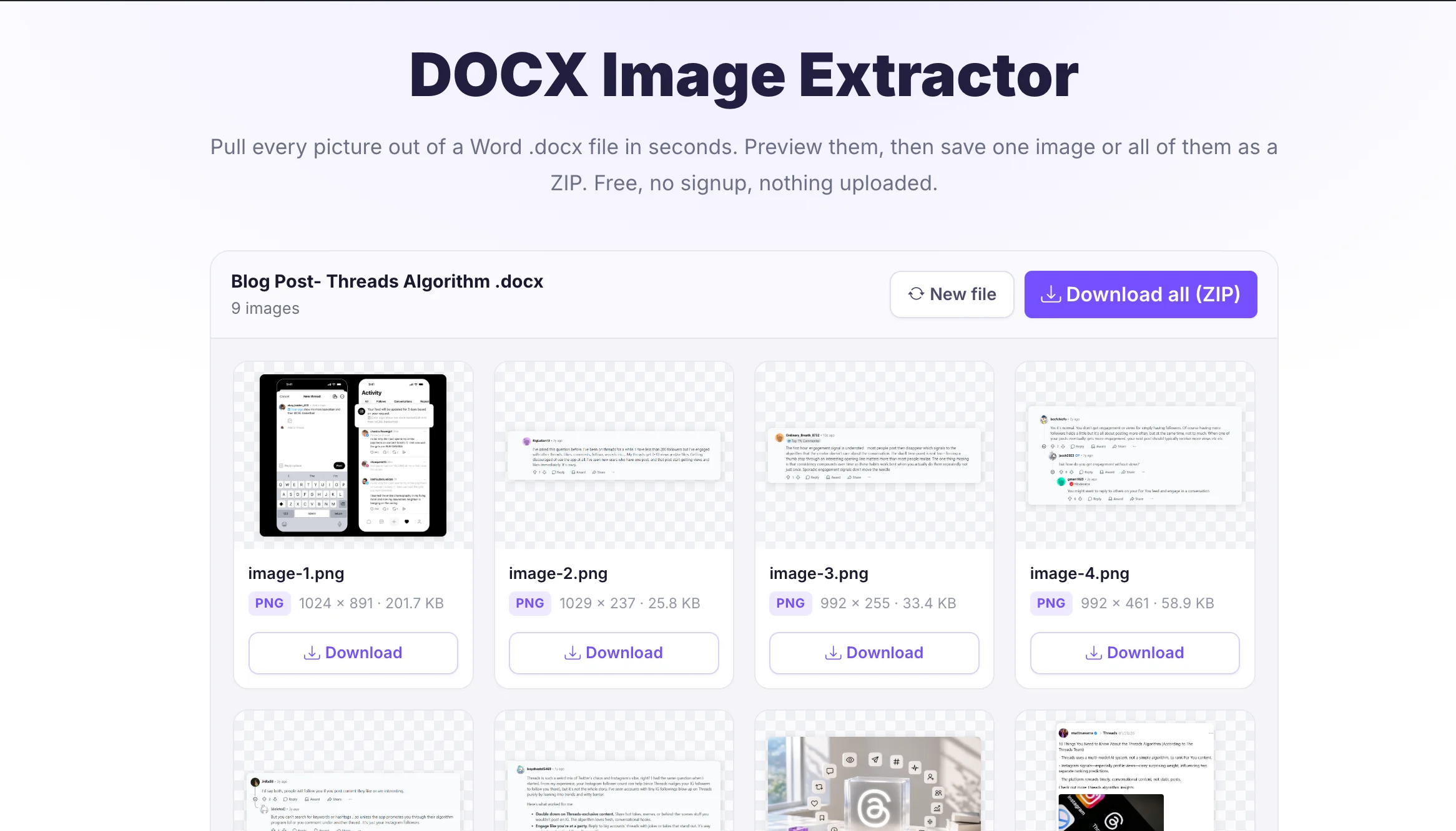 Pixellize DOCX image extractor showing extracted pictures in a grid