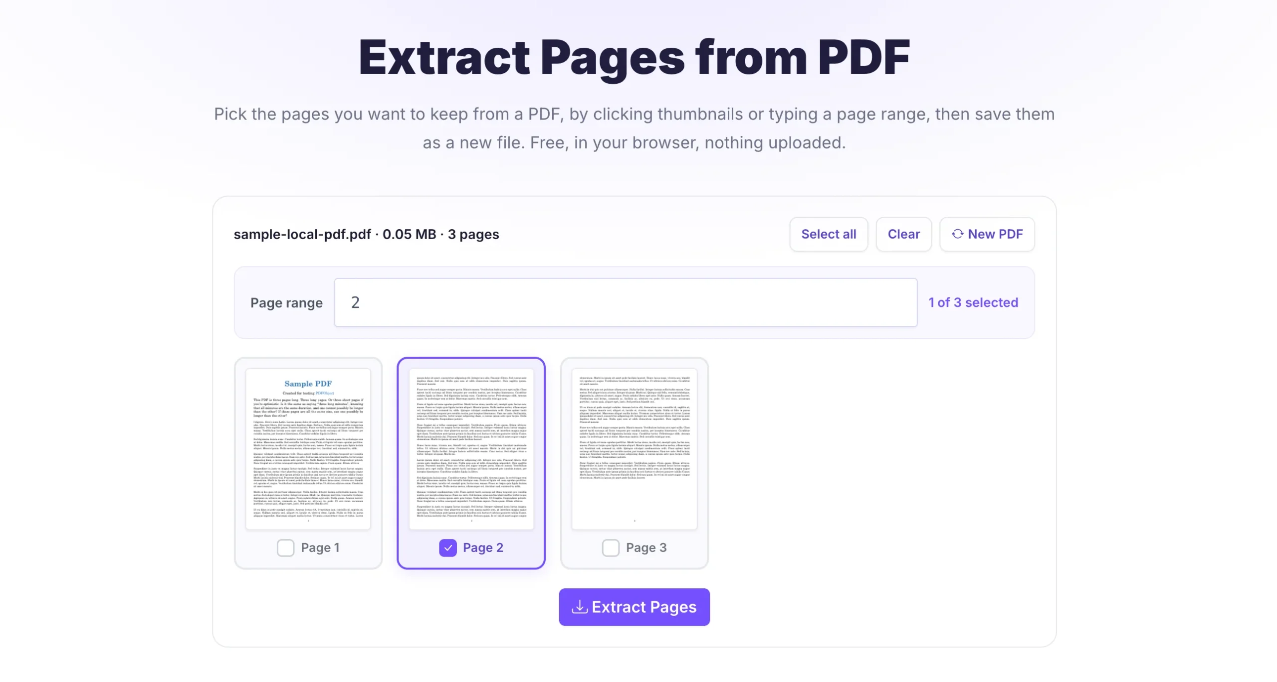Pixellize tool extracting pages 1 to 3 and 5 from a PDF