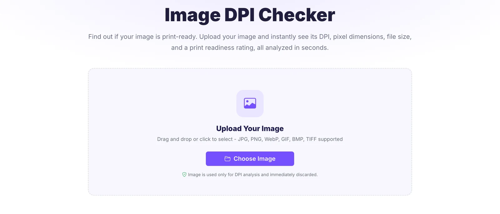 Pixellize Image DPI Checker showing the upload your image drop zone and Choose Image button