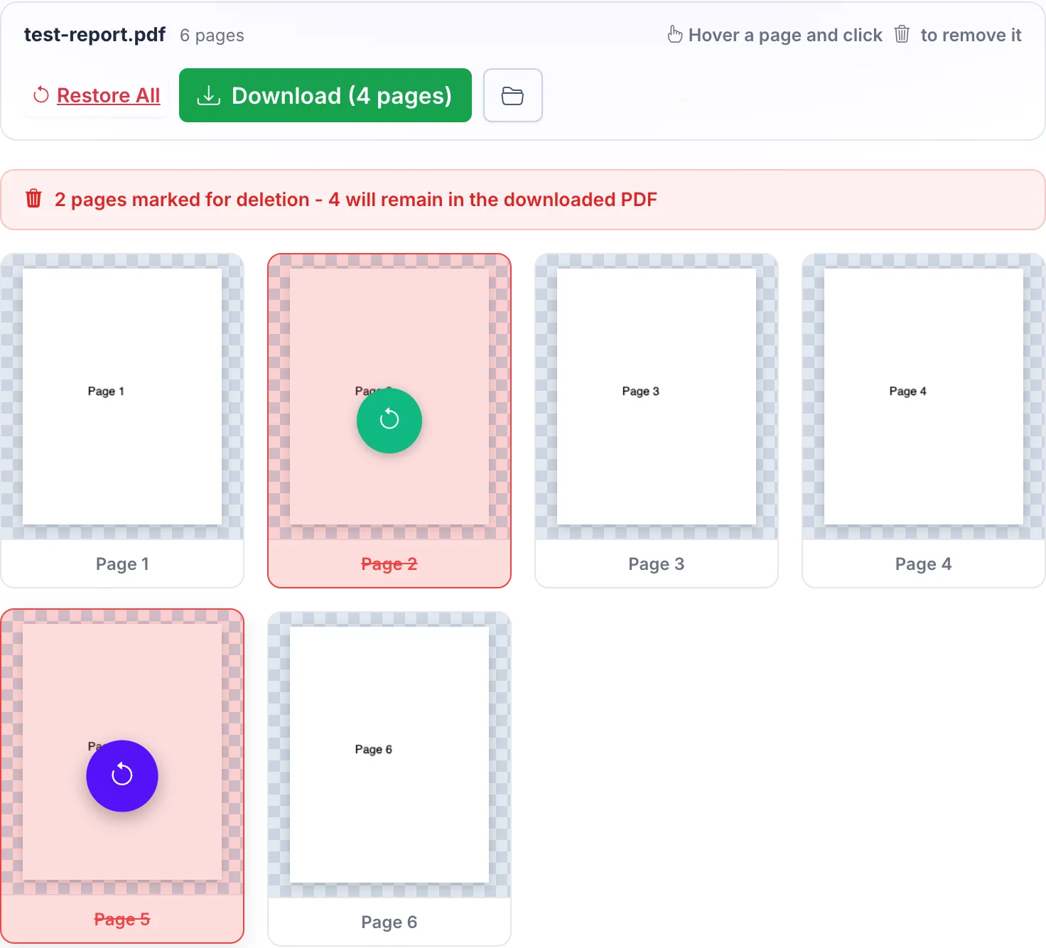 Page grid showing two pages marked red for deletion and a download button with remaining count