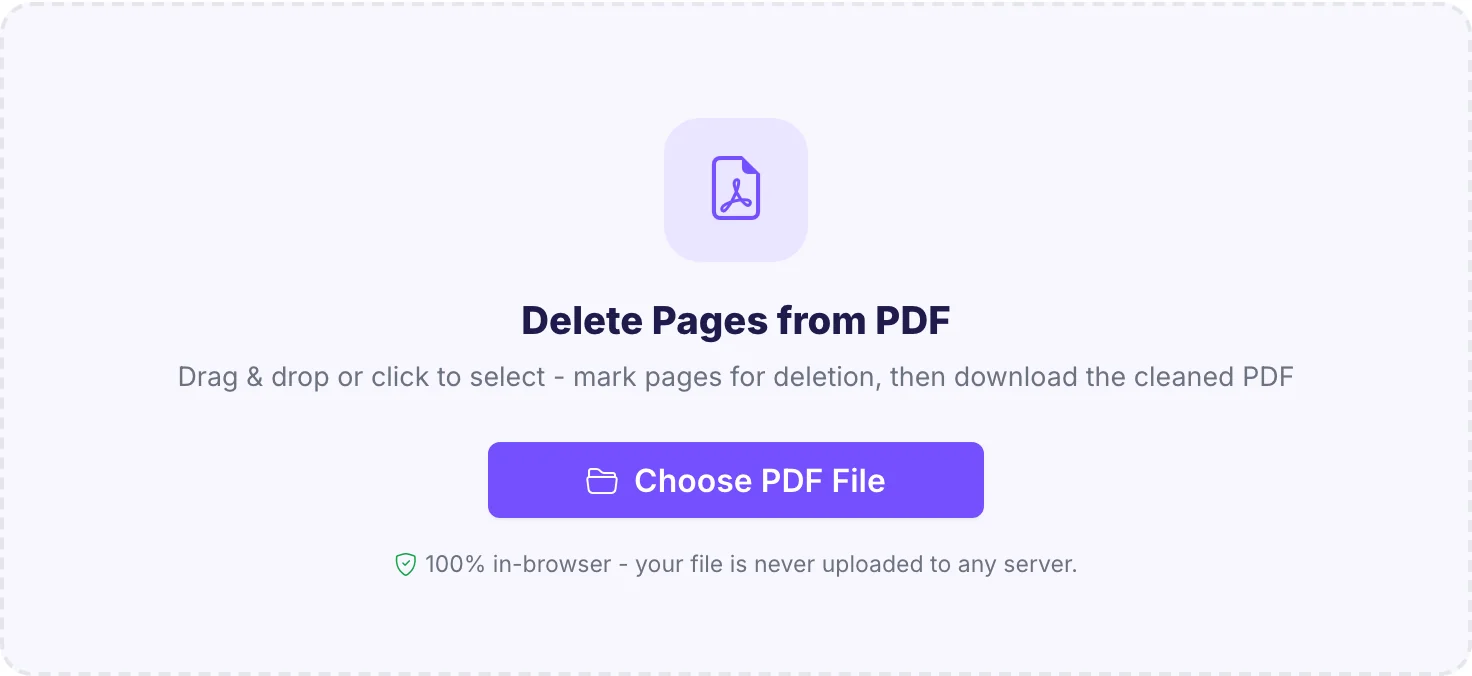 Upload zone of the delete pages tool with drag and drop area and privacy note