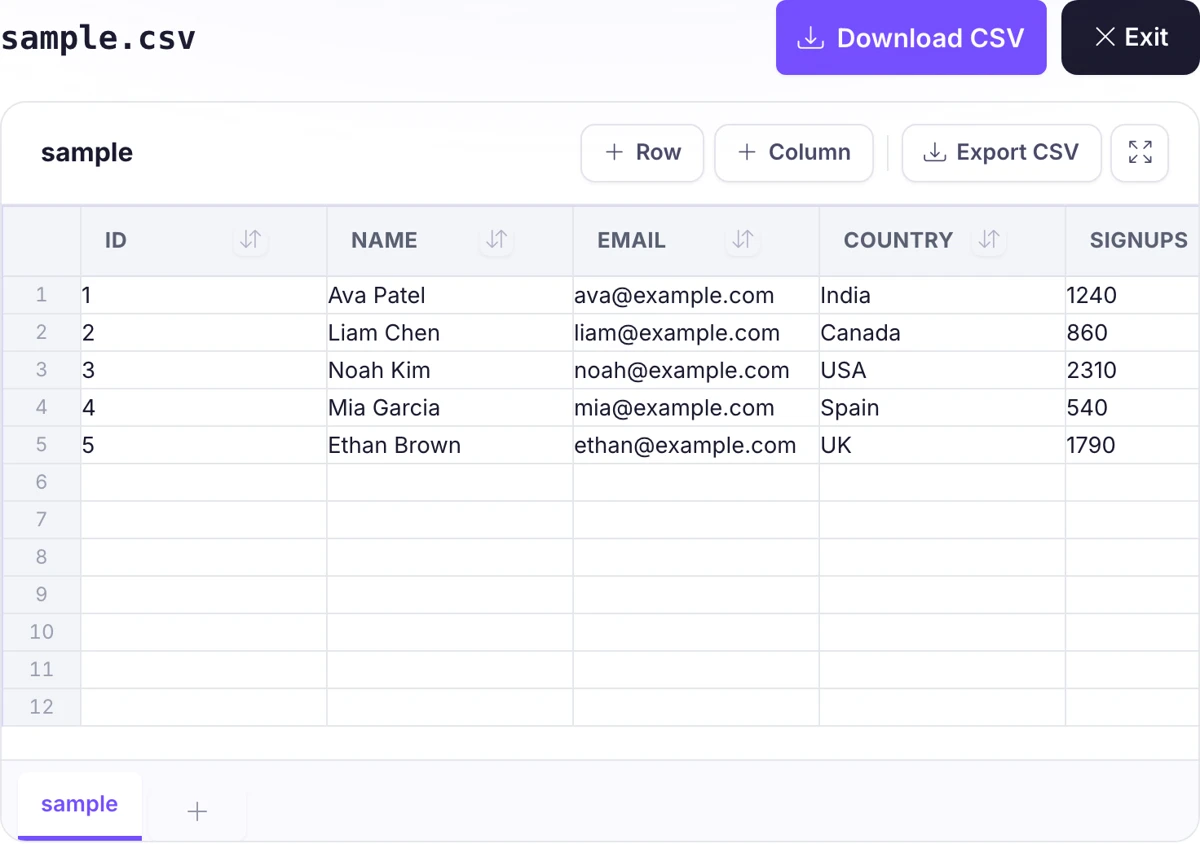 Editing a CSV file in the Pixellize browser table editor