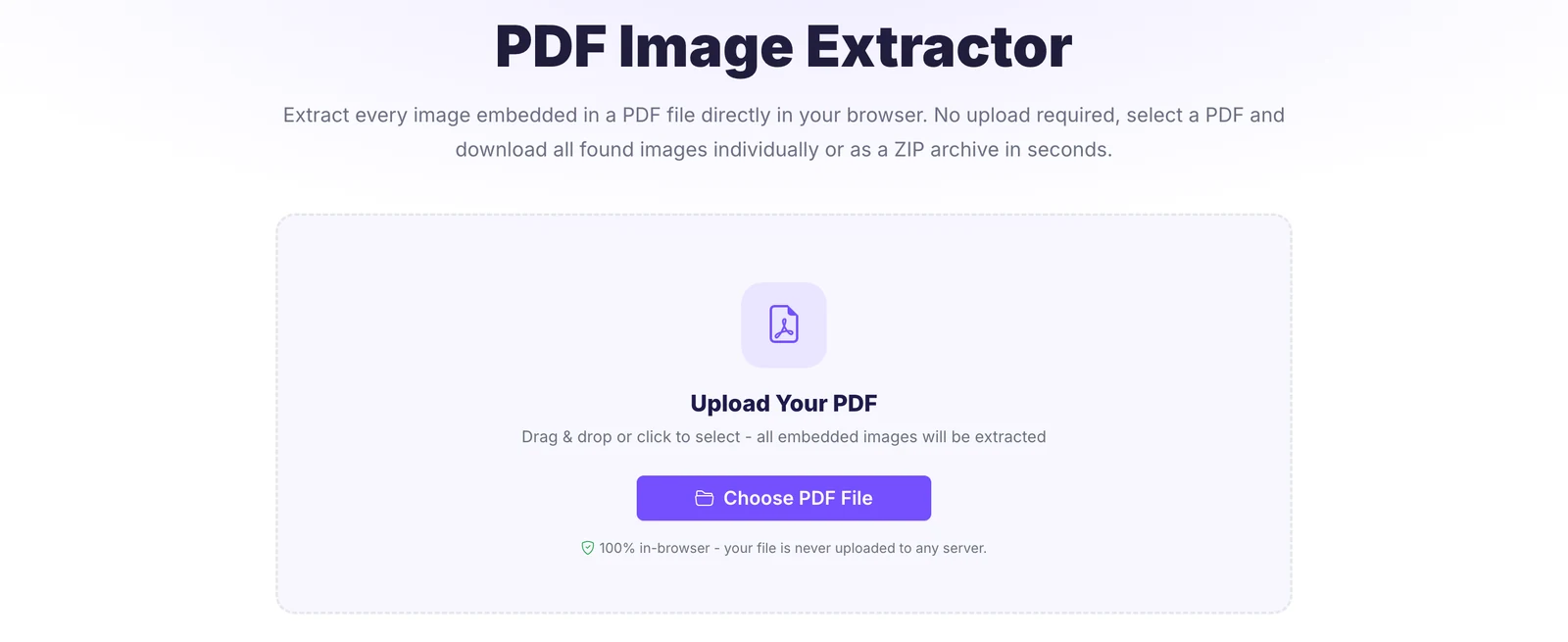 Pixellize PDF Image Extractor showing the upload your PDF drop zone and Choose PDF File button