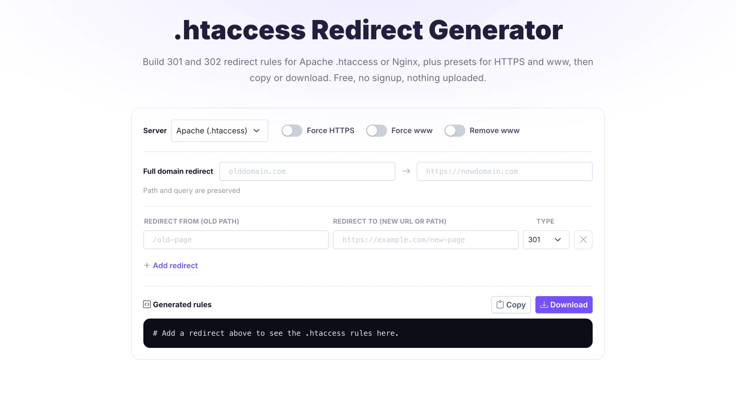 Pixellize htaccess redirect generator showing server selector, redirect fields, and generated rules output