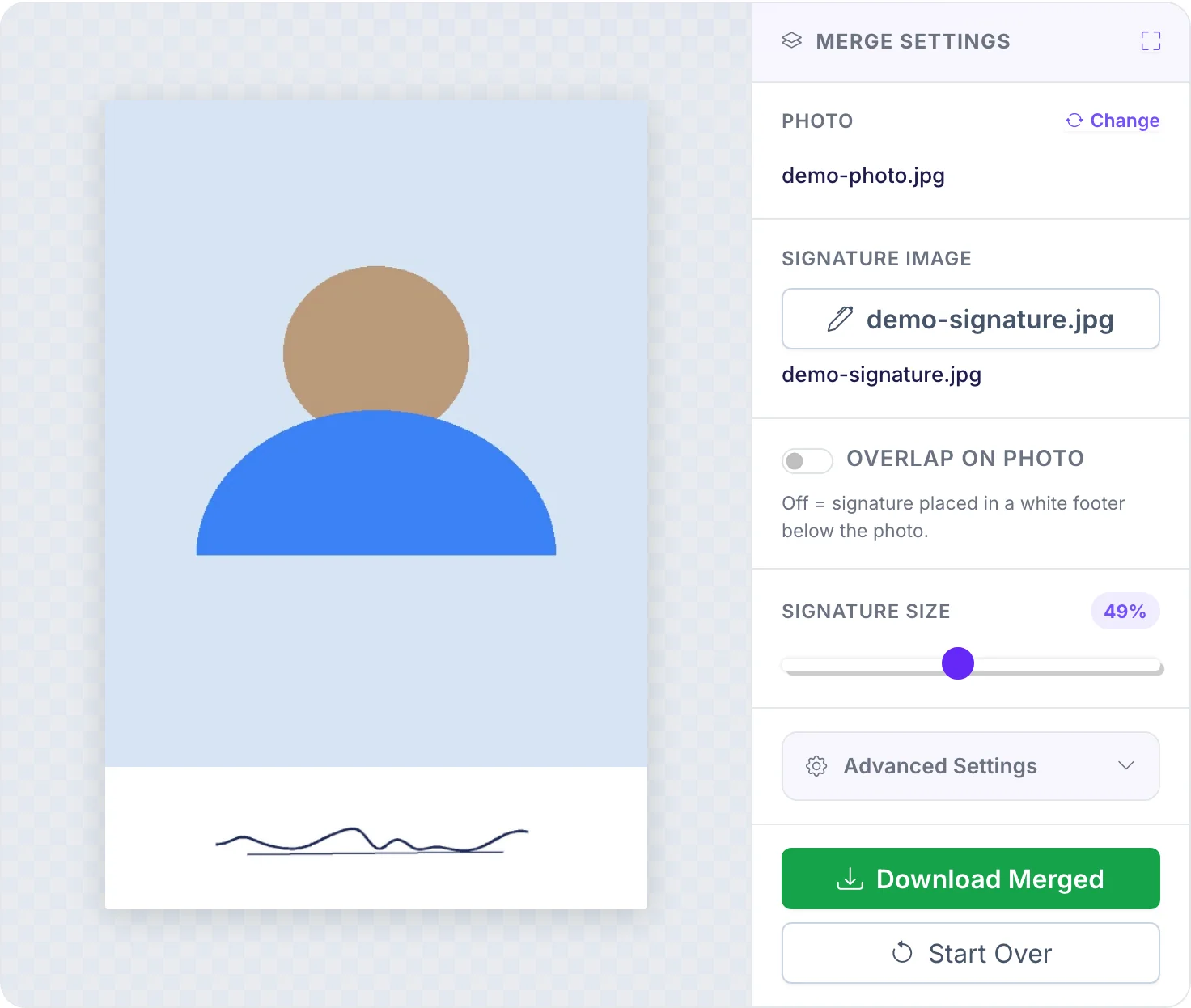 Live preview of a merged photo and signature with size slider and download button