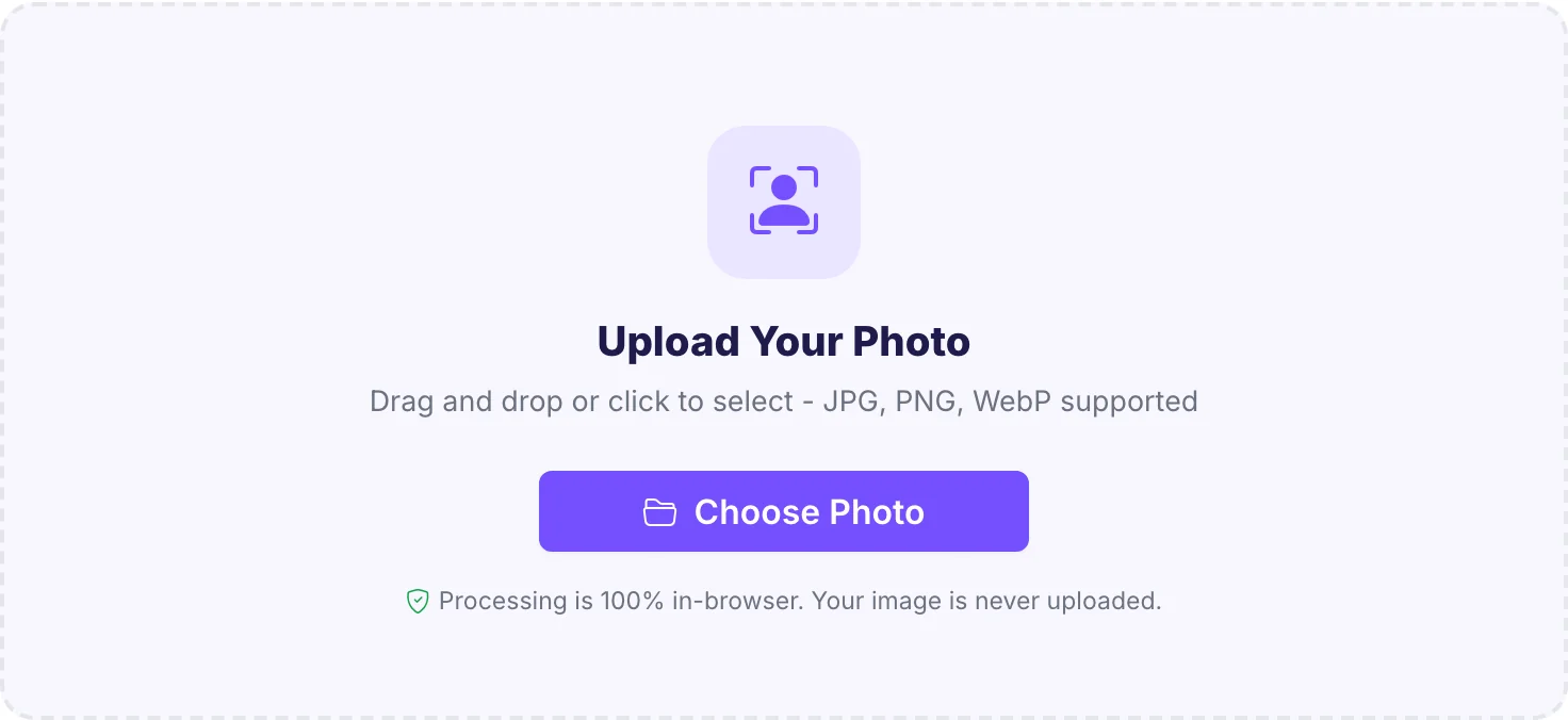 Upload zone of the merge tool asking for a photo with in-browser privacy note