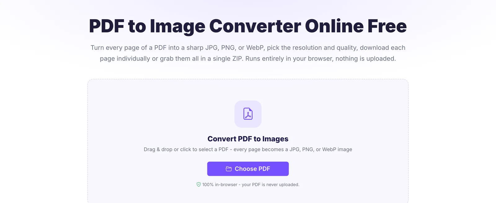 Pixellize PDF to Image converter showing the Convert PDF to Images drop zone and Choose PDF button