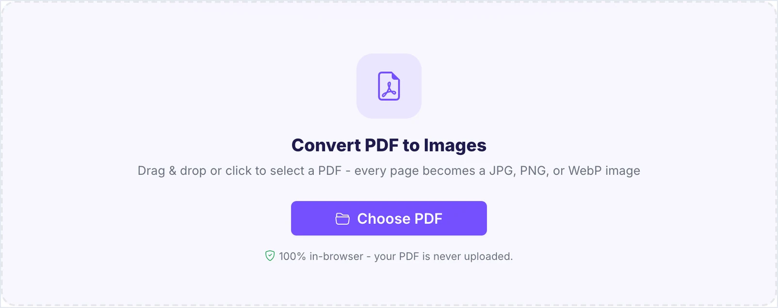 PDF to Image tool upload zone with a Choose PDF button and a 100 percent in-browser privacy note
