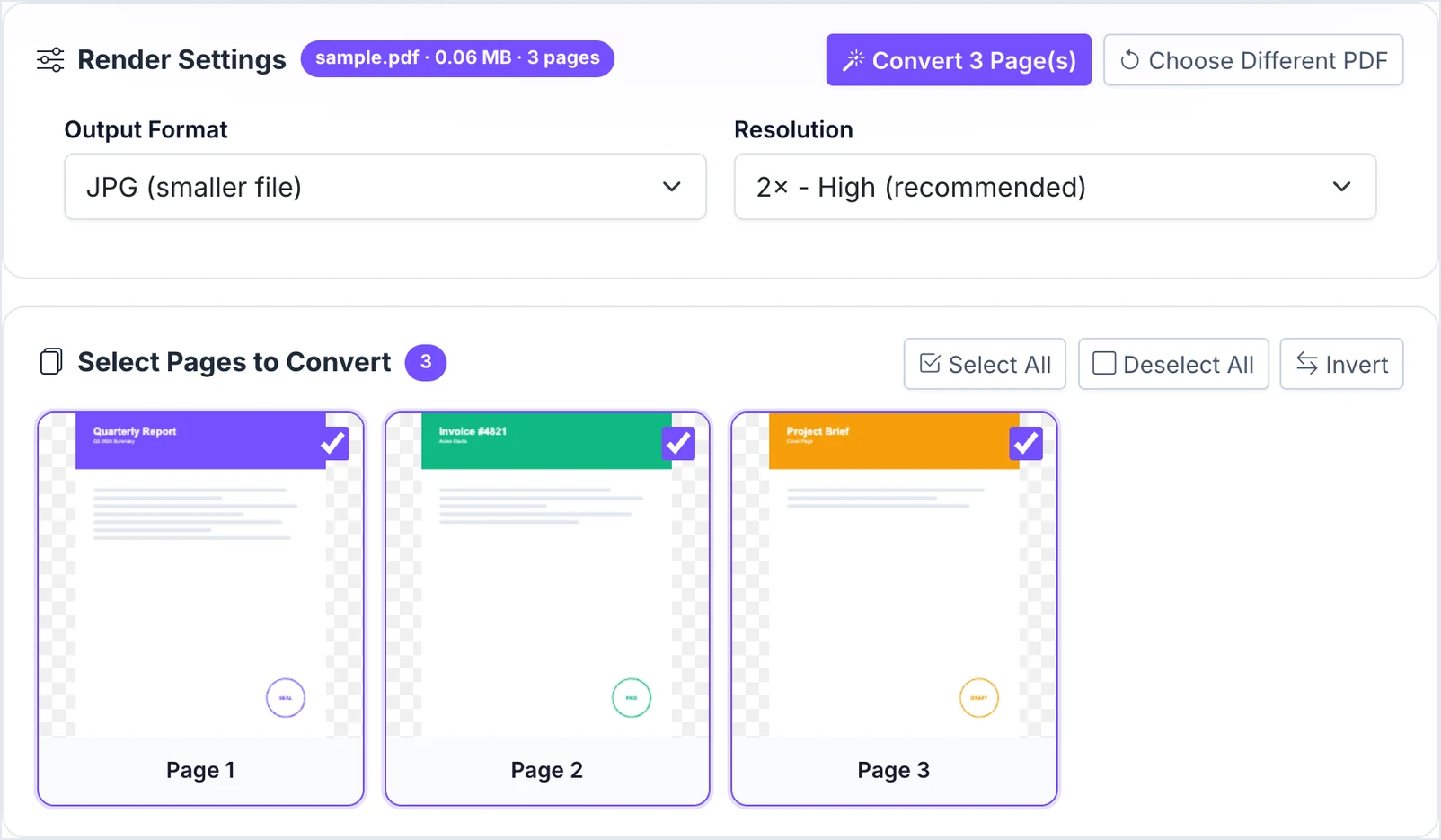 Render settings showing JPG output format, 2x resolution, and three PDF page thumbnails selected for conversion