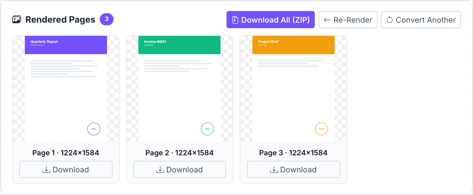 Rendered pages results with per-page download buttons and a Download All as ZIP button