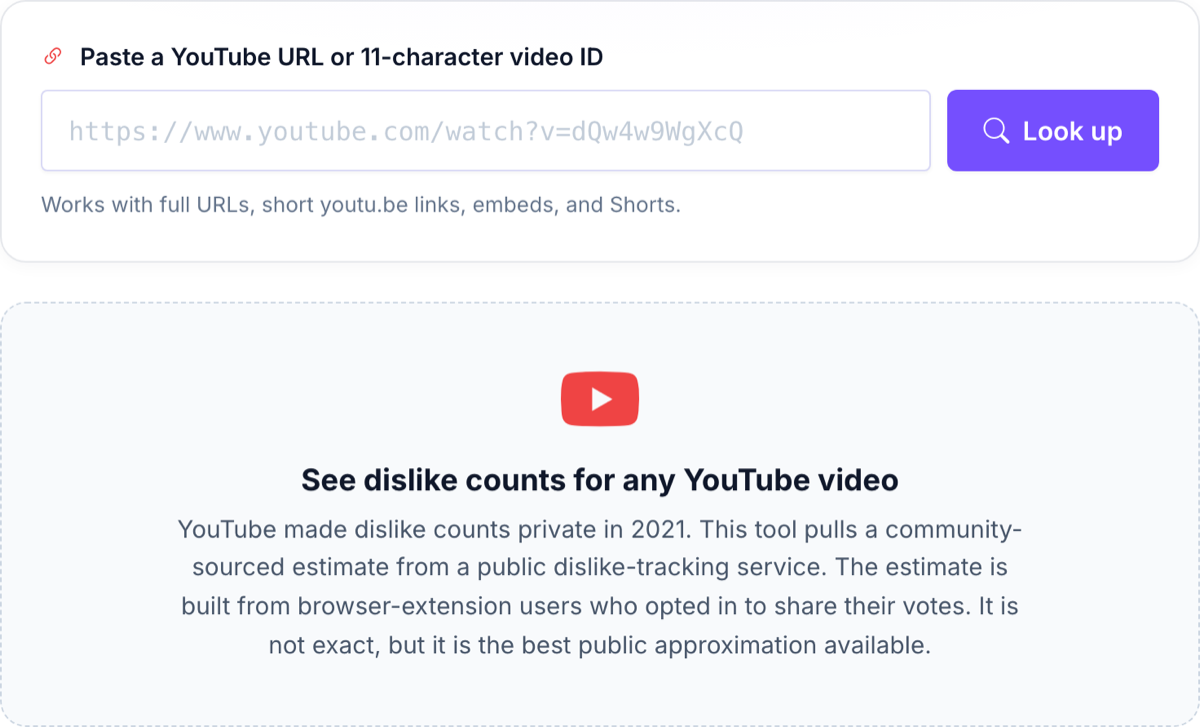 YouTube dislike viewer tool input field where you paste a video URL or video ID