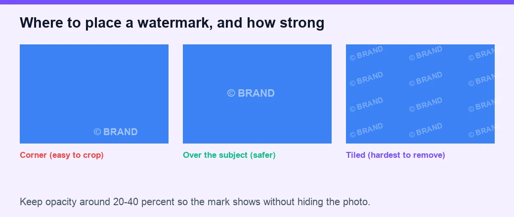 Watermark placement corner center and tiled with opacity note
