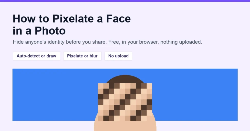 Pixelated face on a photo with a purple heading