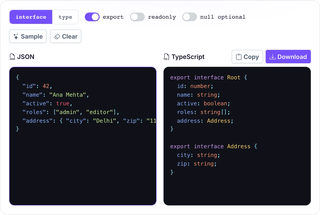 Pixellize JSON to TypeScript tool showing nested interfaces