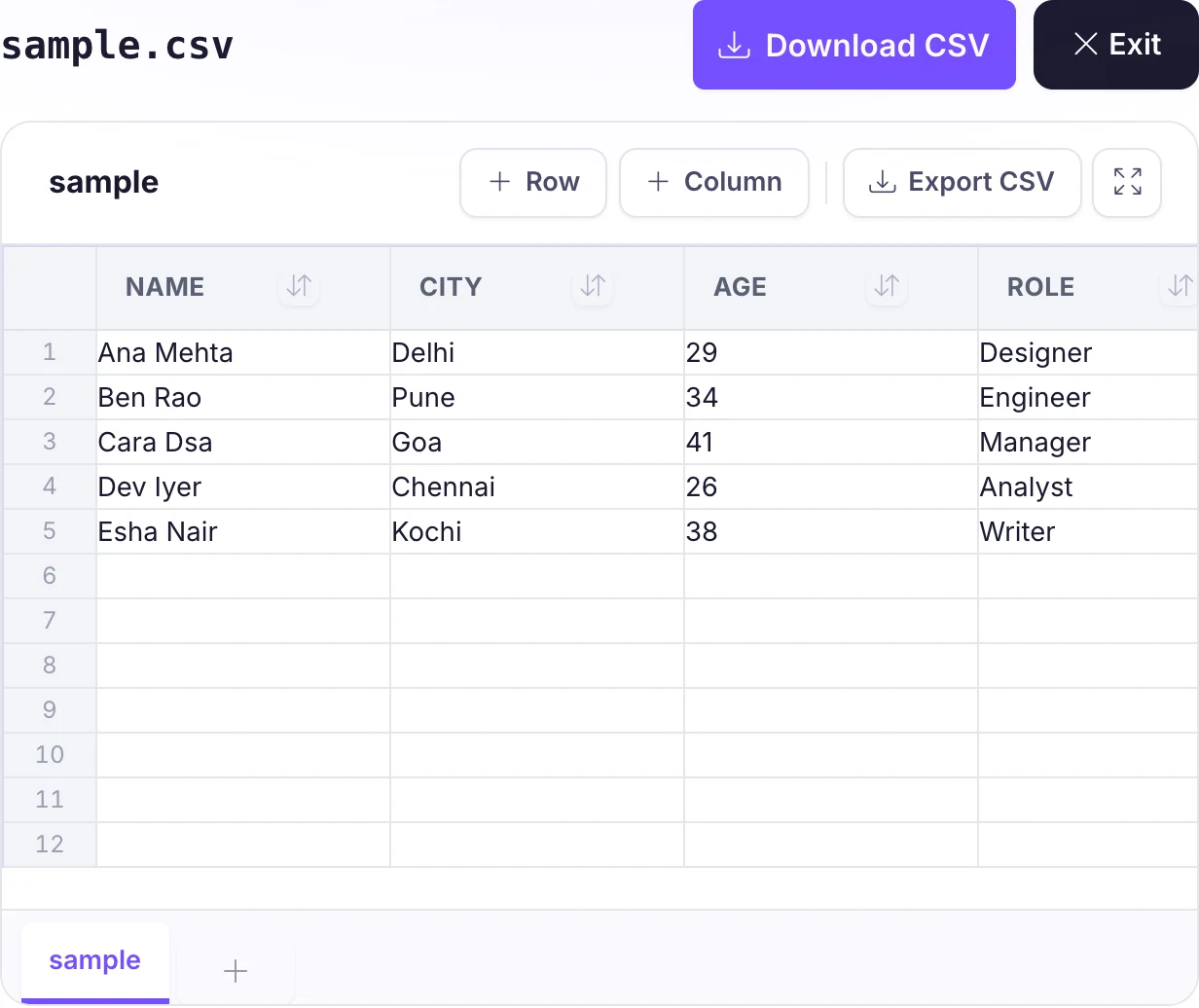 Pixellize CSV Viewer showing a CSV opened as an editable table