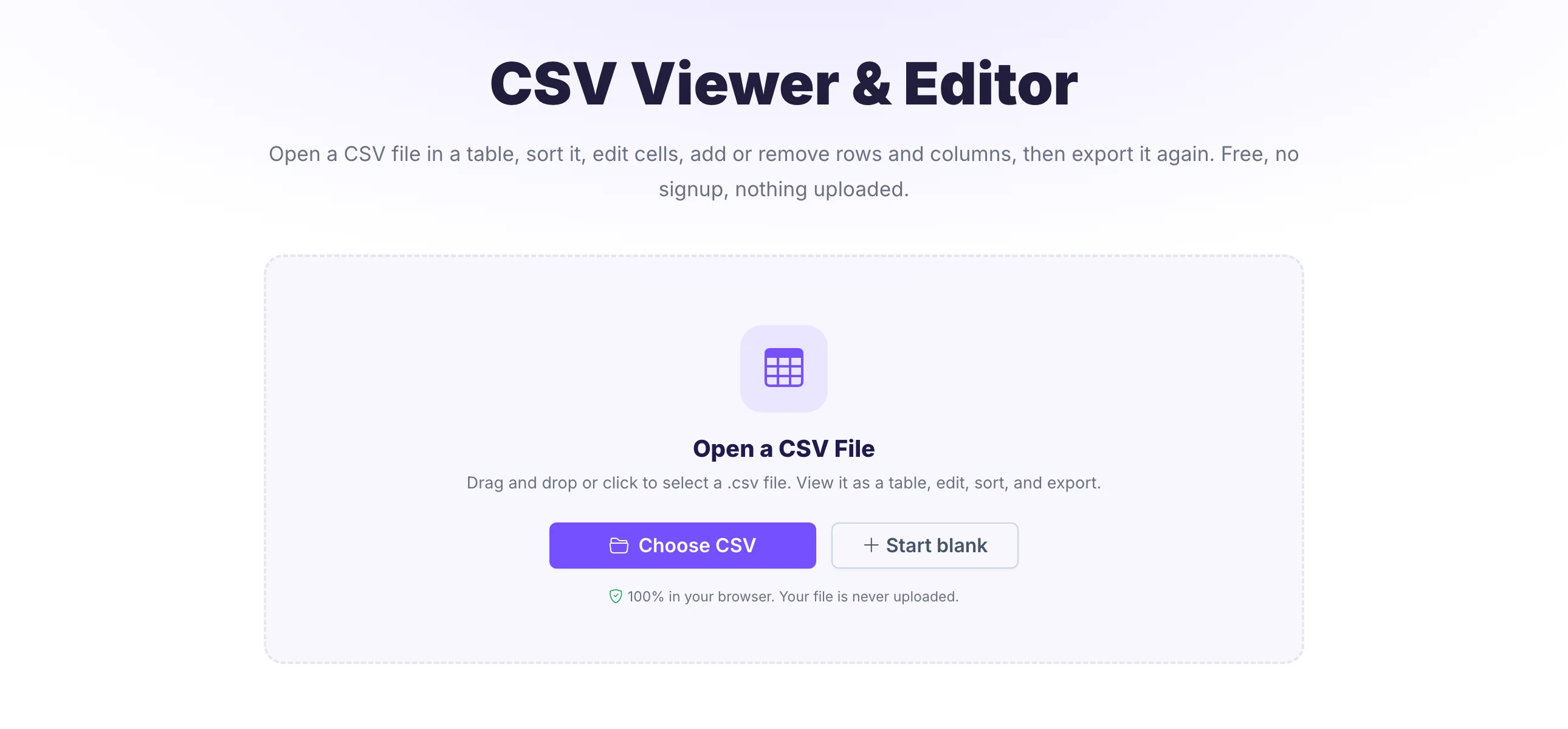 Pixellize CSV Viewer upload screen with a Choose CSV button
