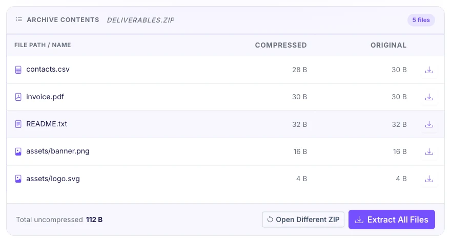 Pixellize unzip tool listing files inside a ZIP archive