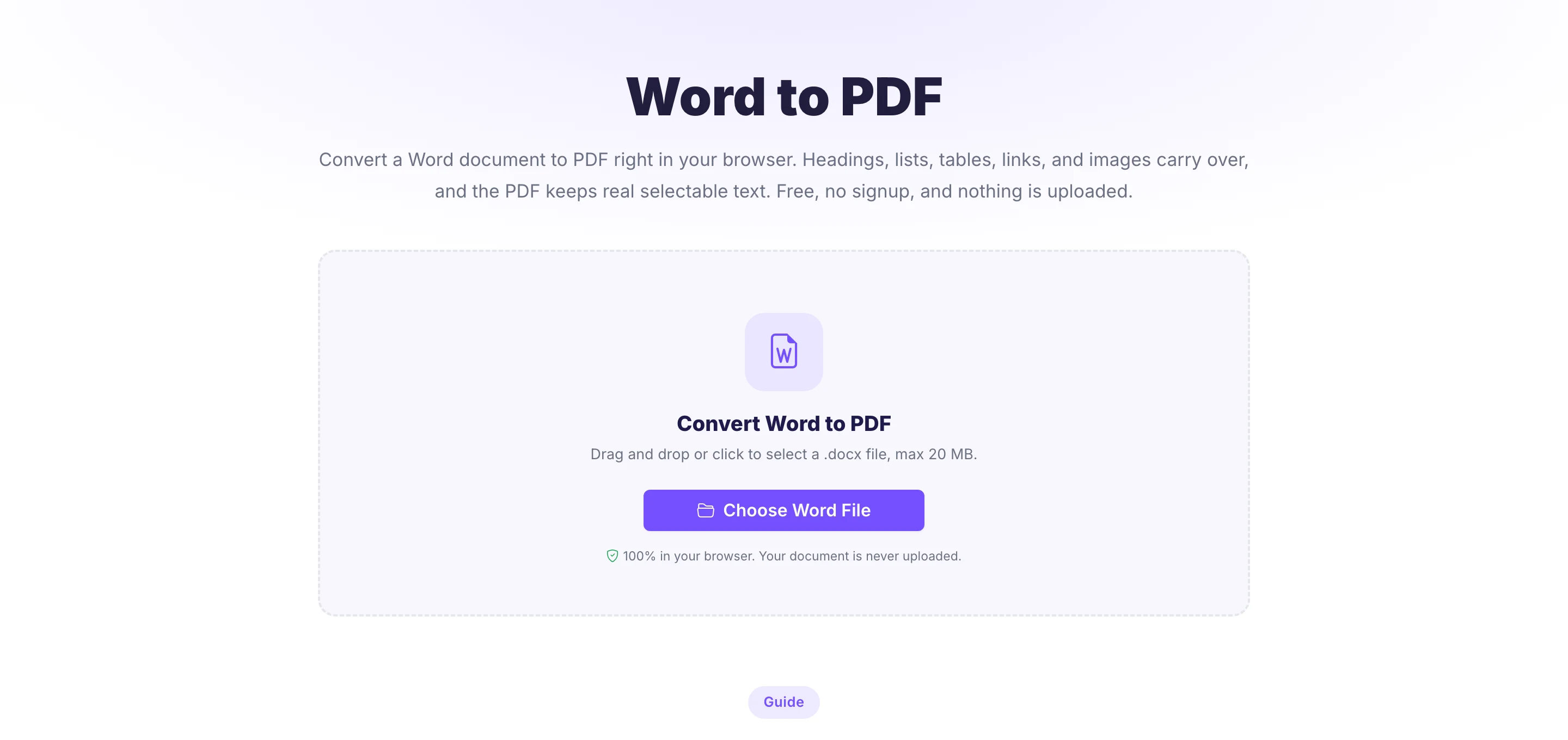 Pixellize Word to PDF tool upload screen