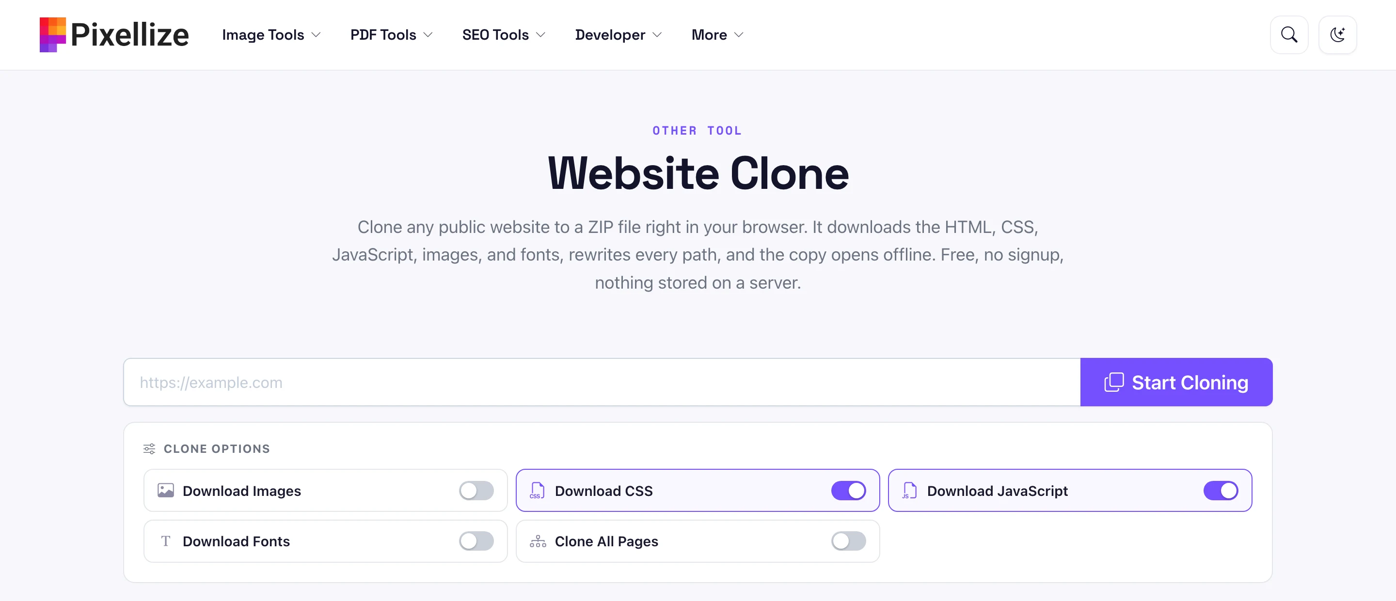 Website Clone tool interface showing URL field and clone options