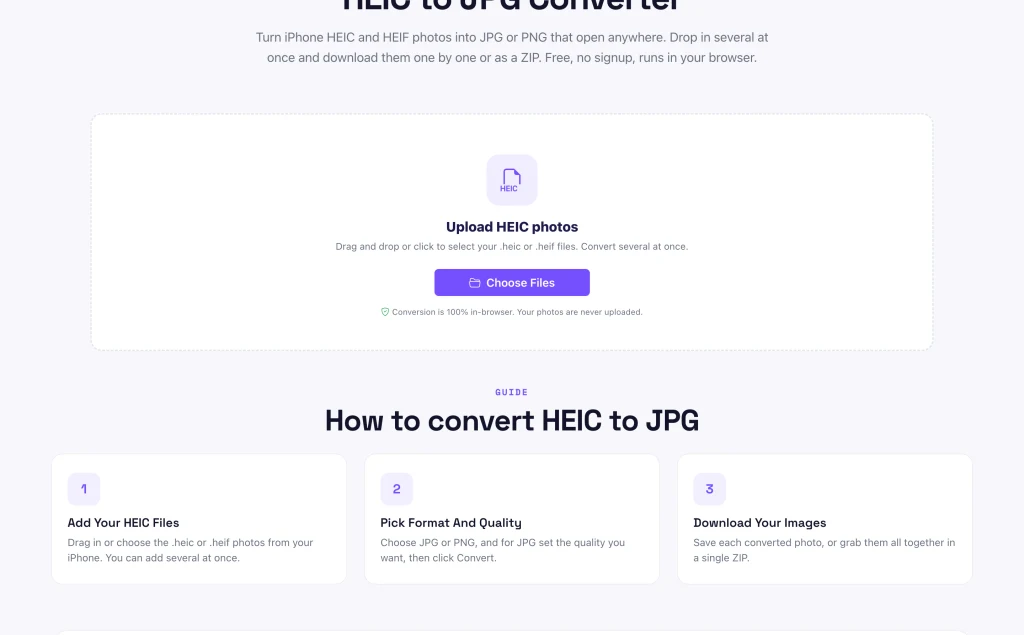 Pixellize HEIC to JPG converter upload screen