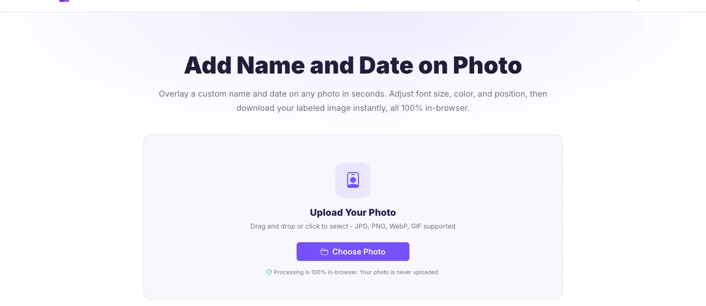 Pixellize add name and date on photo tool upload screen