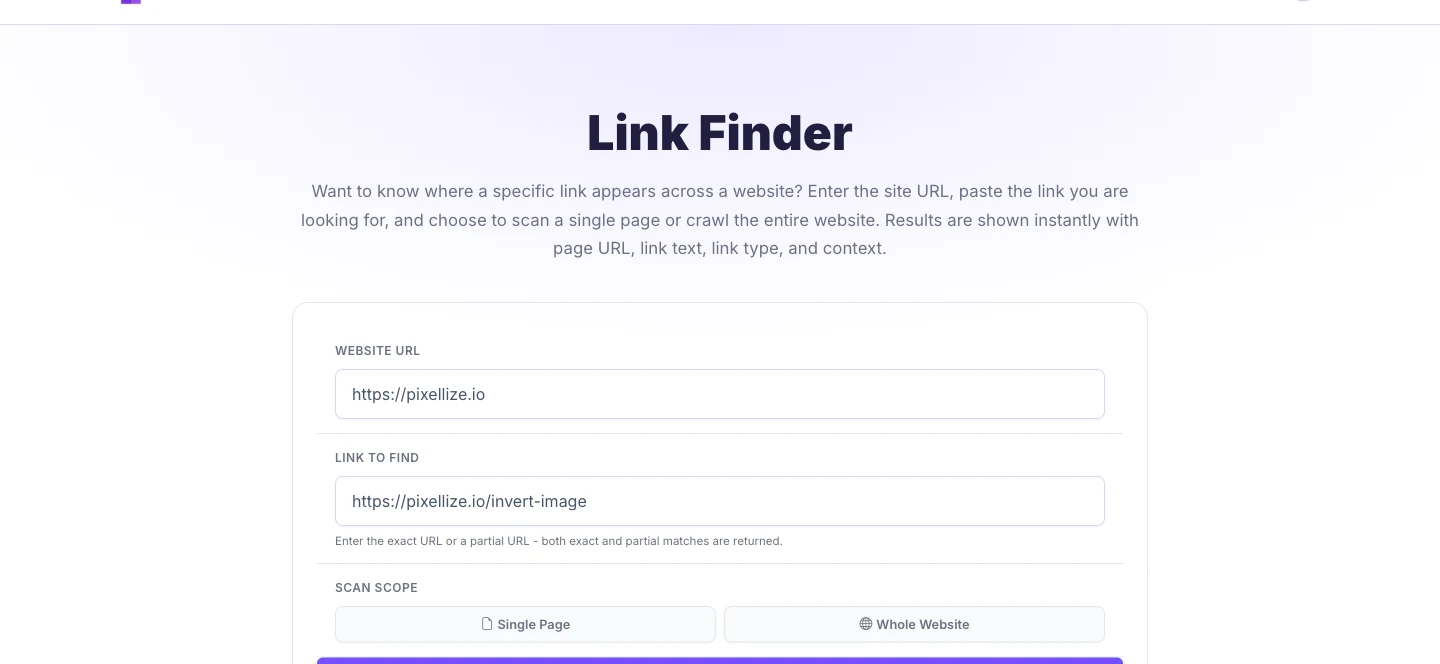 Pixellize Link Finder tool with website URL and link fields filled in