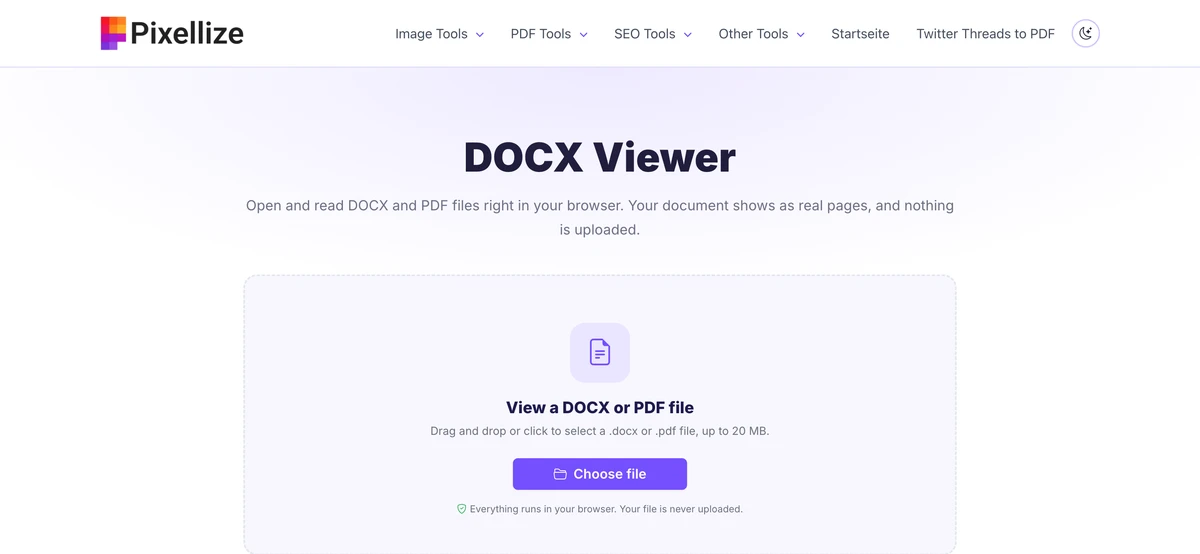 Pixellize DOCX viewer open in a browser with an upload box