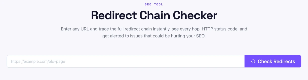 Pixellize Redirect Chain Checker tool with a URL input field