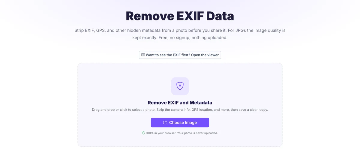 Pixellize EXIF and metadata remover with drag and drop upload box