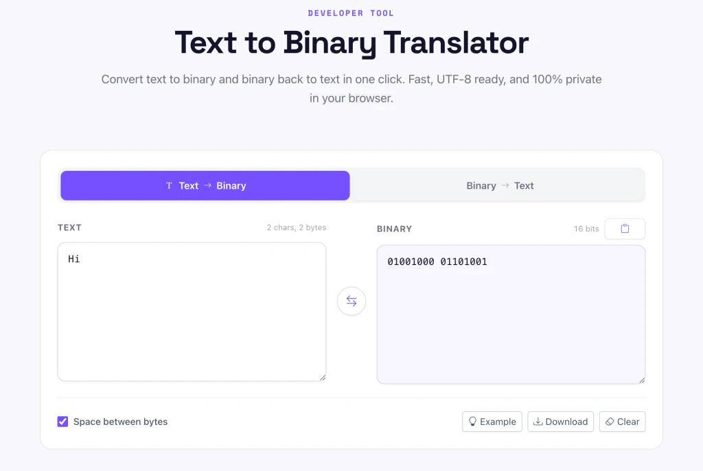Pixellize Text to Binary Translator converting Hi to 01001000 01101001