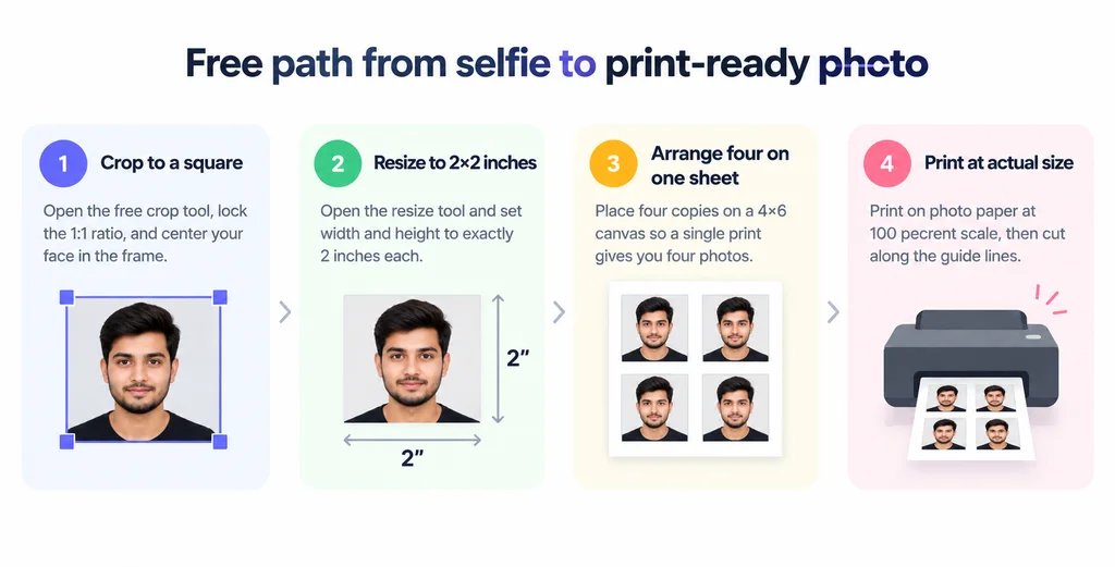 Four steps from a selfie to a print ready 2x2 passport photo
