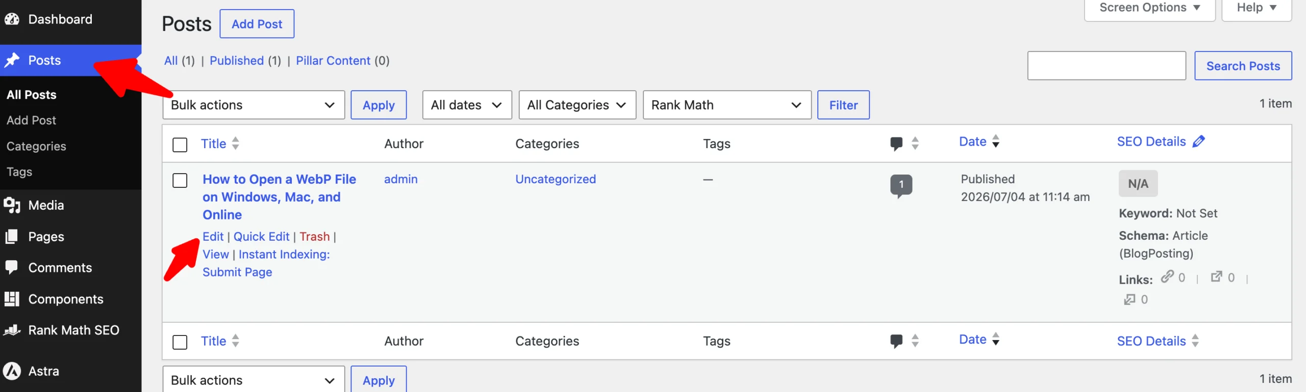 Editing a post from the WordPress Posts list
