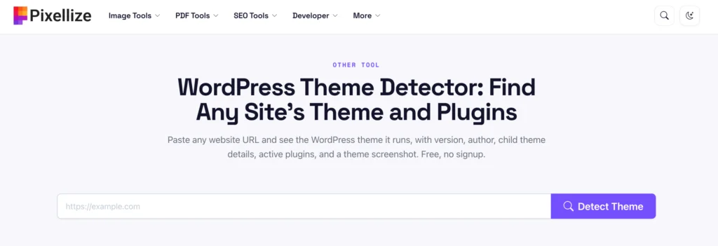 Pixellize WordPress Theme Detector showing a detected theme and plugins
