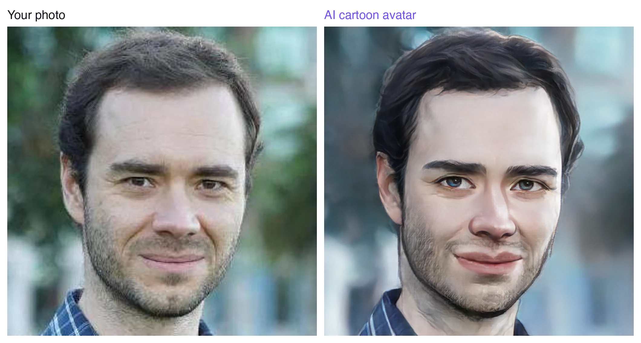A real photo next to the AI cartoon avatar Pixellize generated from it