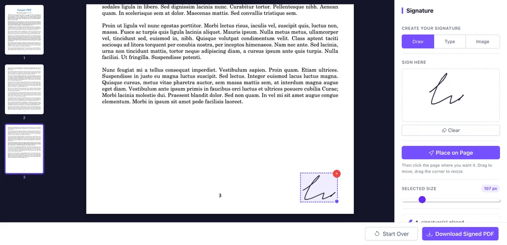 Signature placed on a contract with drag and resize handles