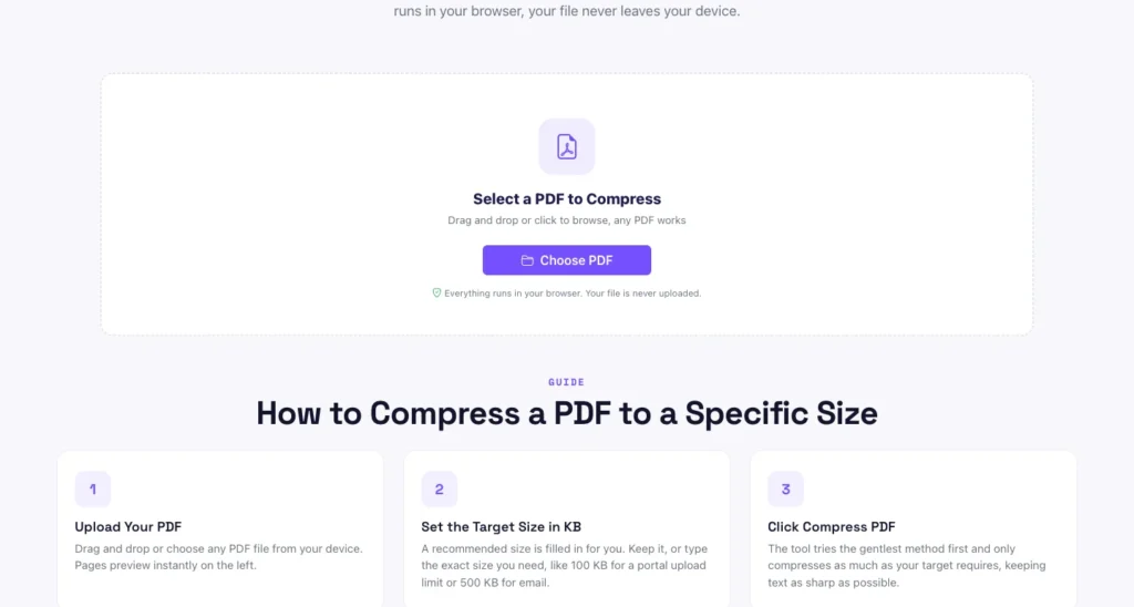 Pixellize compress PDF tool with a target size in KB and Choose PDF button